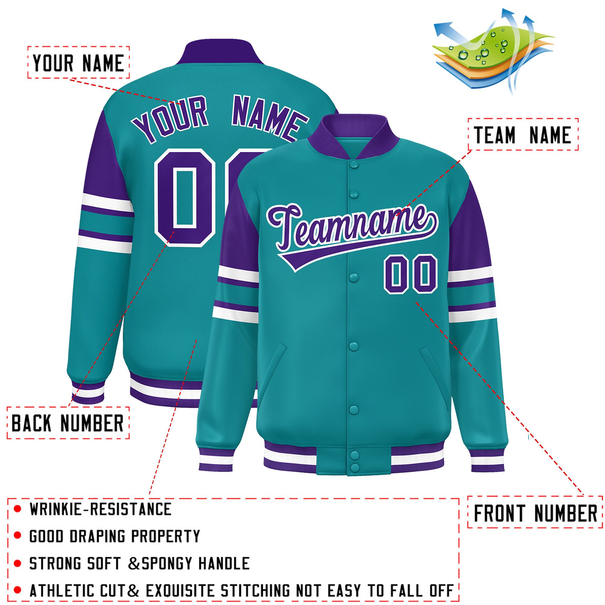 Custom Teal Varsity Full-Snap Color Block Letterman Jacket