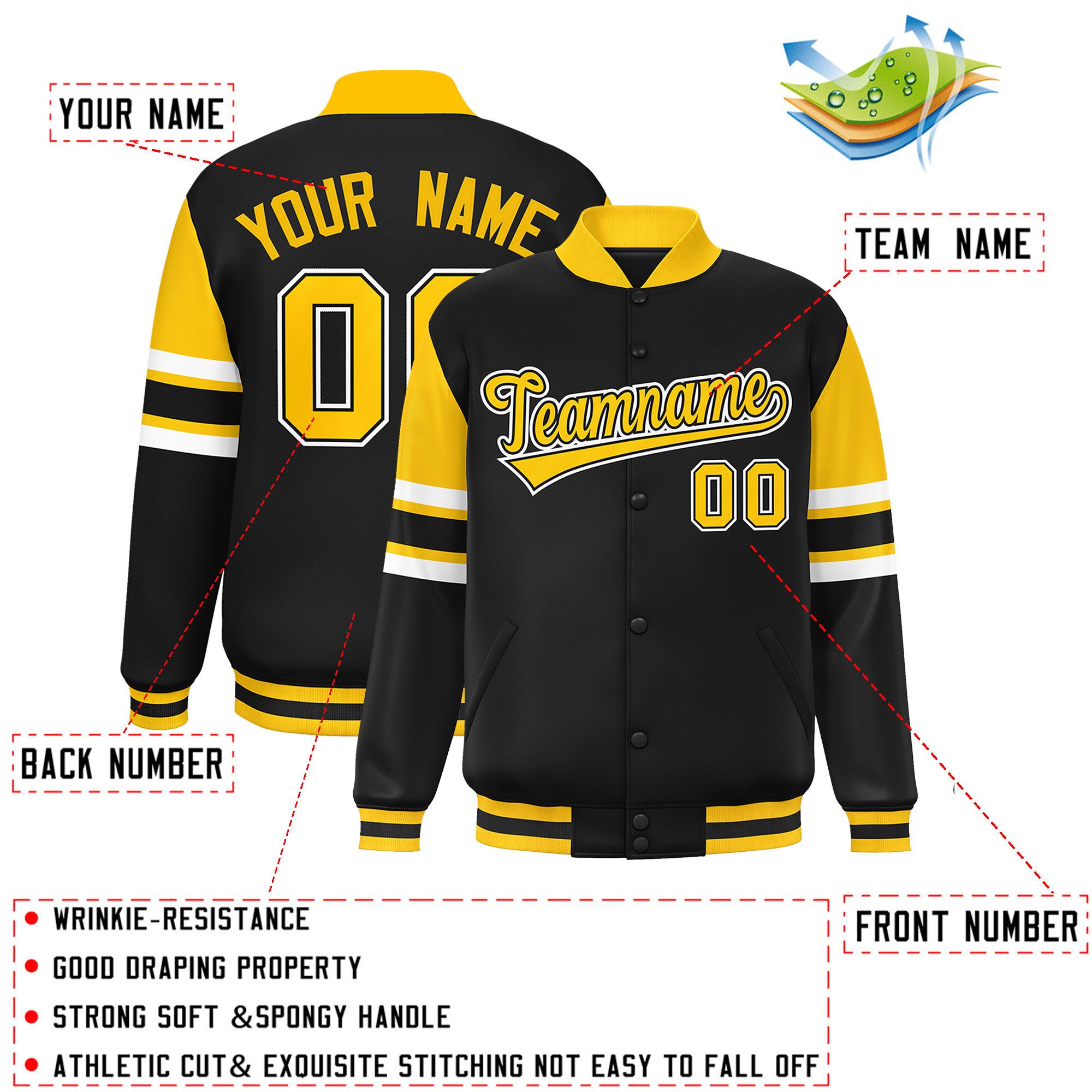 Custom Black Varsity Full-Snap Color Block Letterman Jacket