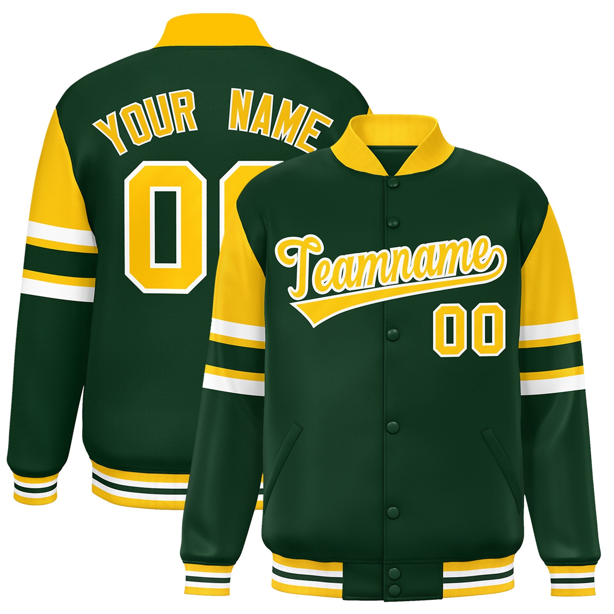 Custom Green Varsity Full-Snap Color Block Letterman Jacket