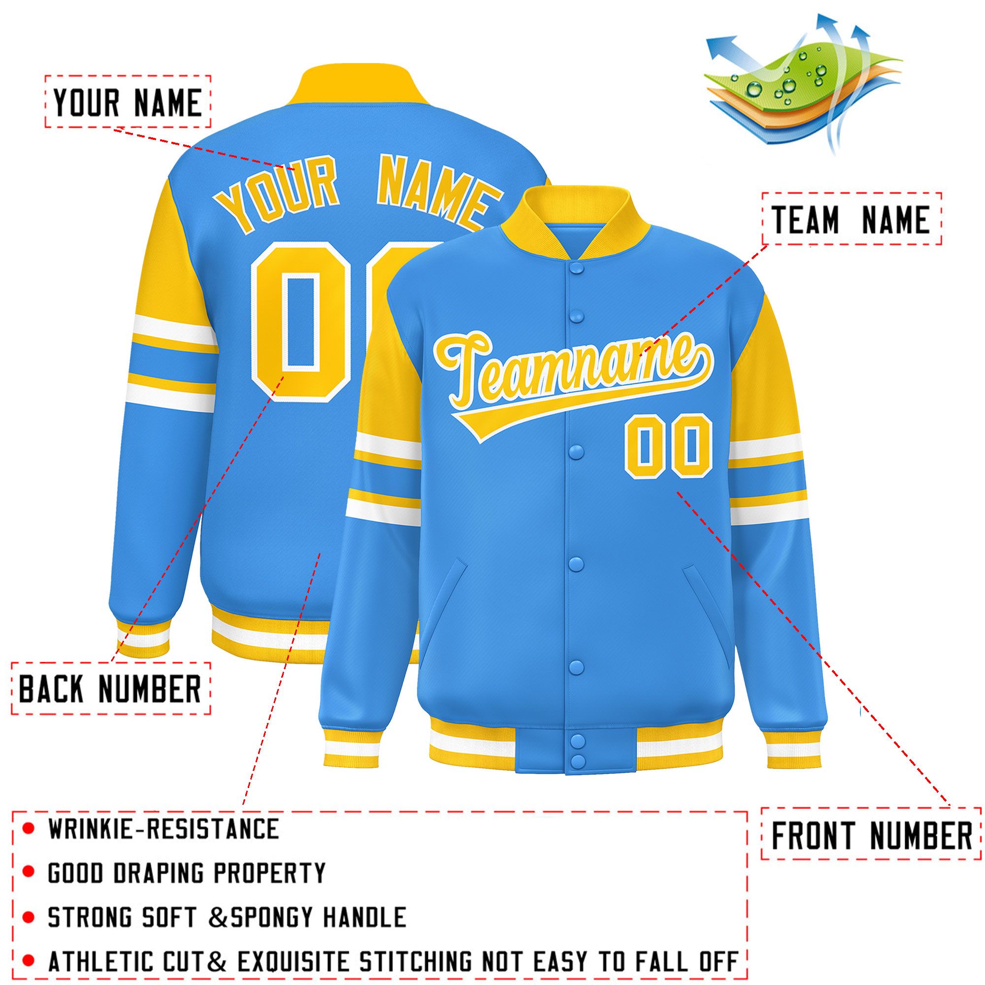 Custom Powder Blue Varsity Full-Snap Color Block Letterman Jacket