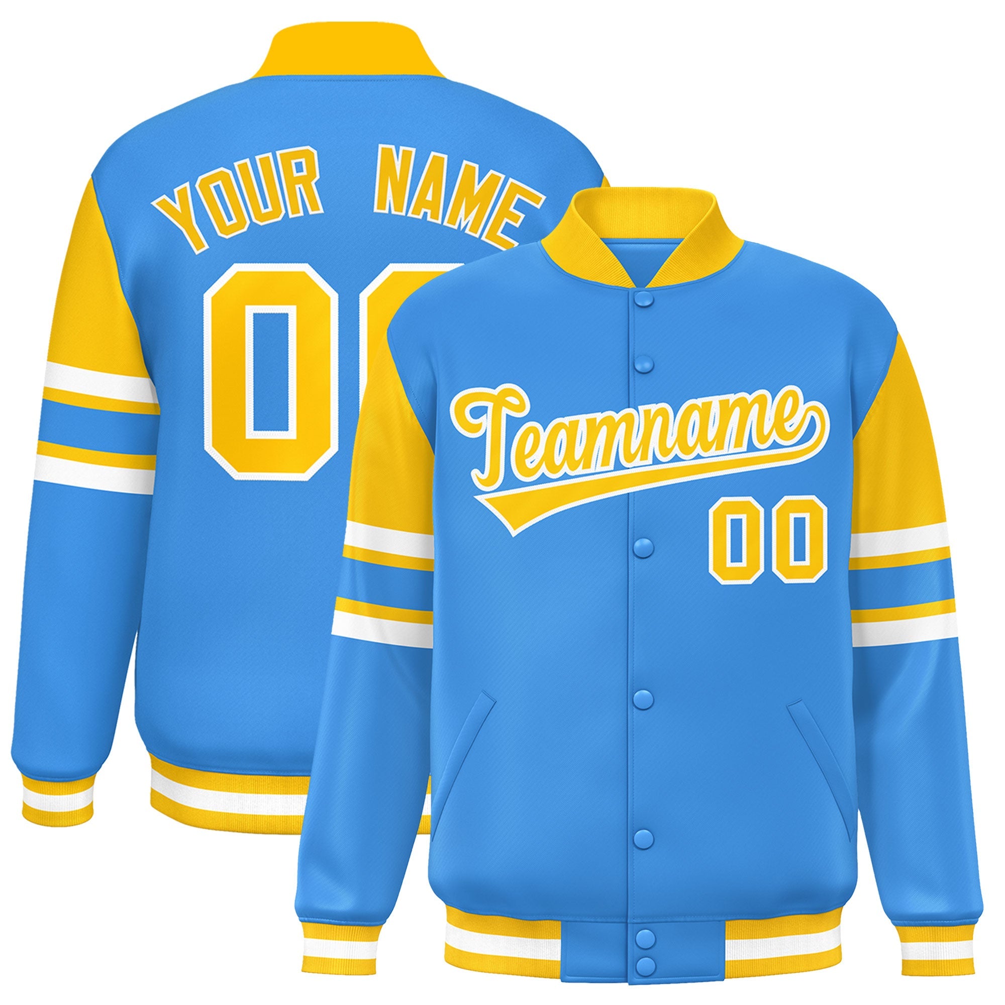 Custom Powder Blue Varsity Full-Snap Color Block Letterman Jacket