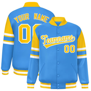 Custom Powder Blue Varsity Full-Snap Color Block Letterman Jacket