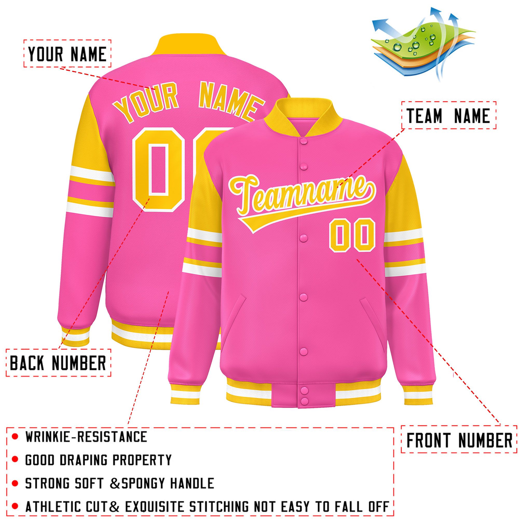 Custom Pink Varsity Full-Snap Color Block Letterman Jacket