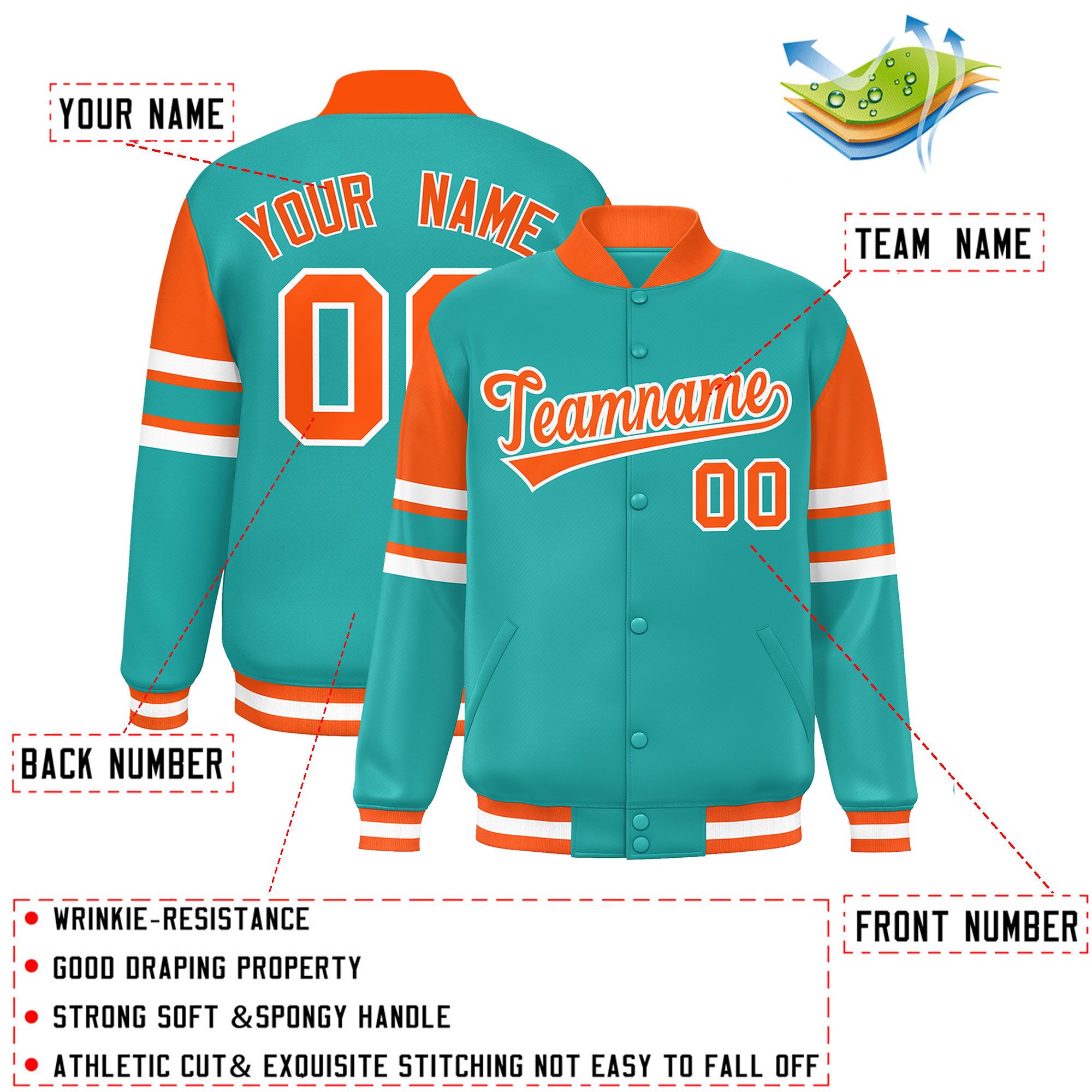 Custom Aqua Varsity Full-Snap Color Block Letterman Jacket