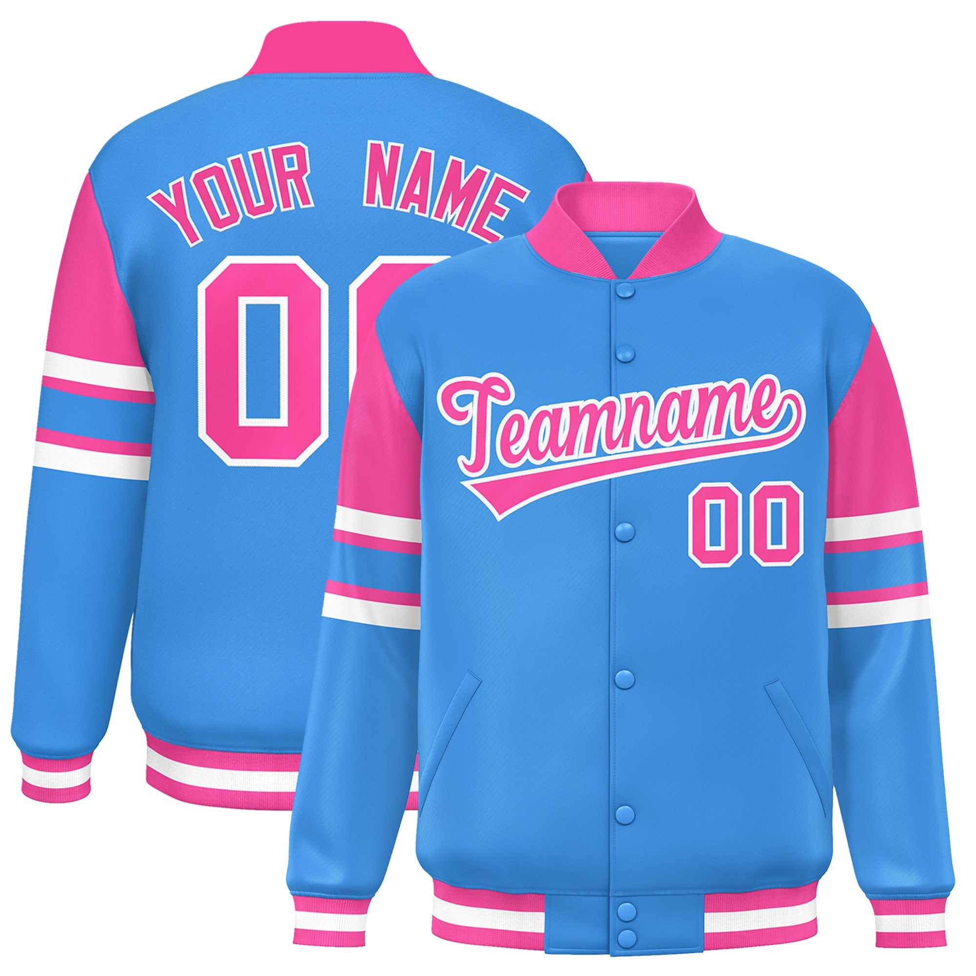 Custom Powder Blue Varsity Full-Snap Color Block Letterman Jacket