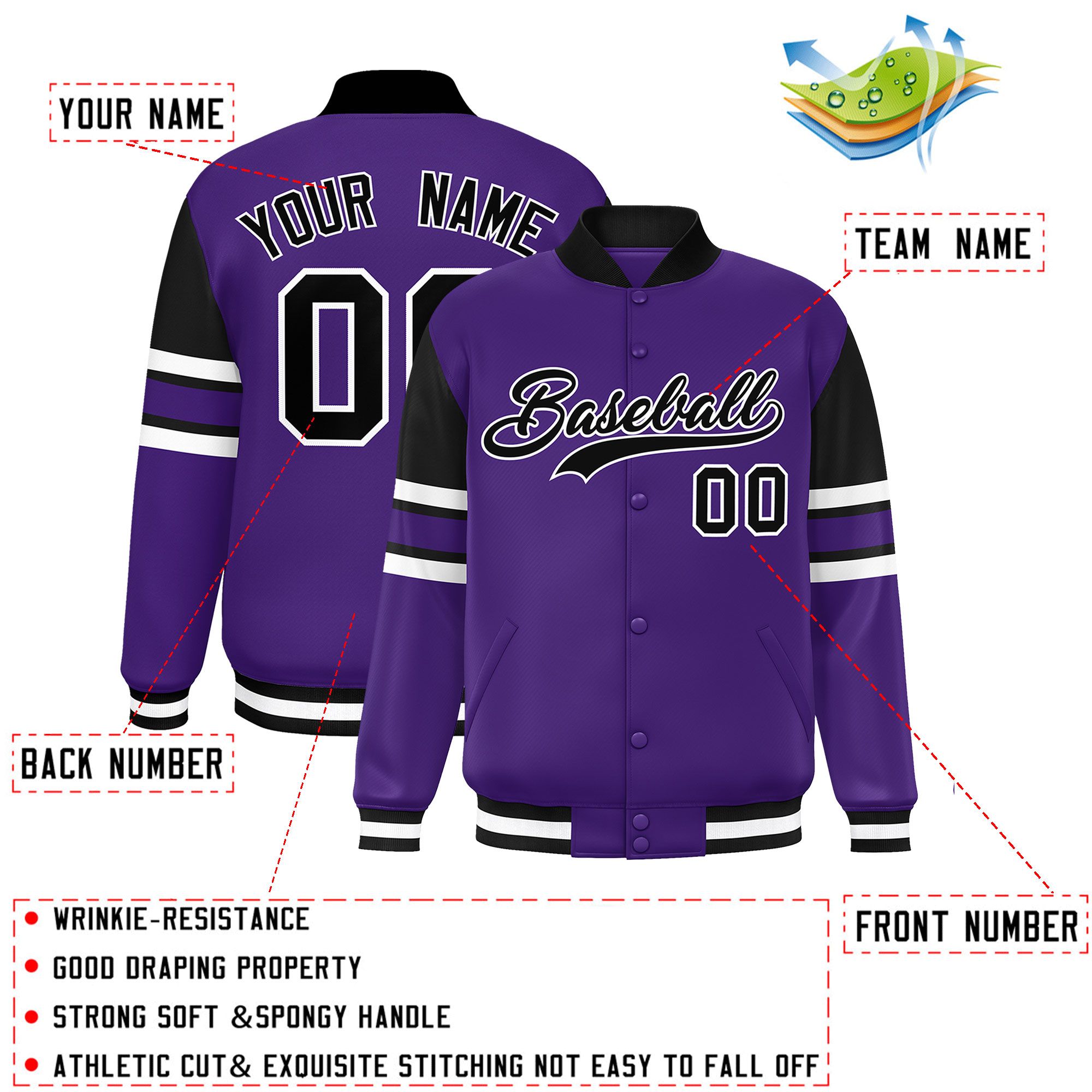 Custom Purple Varsity Full-Snap Color Block Letterman Jacket