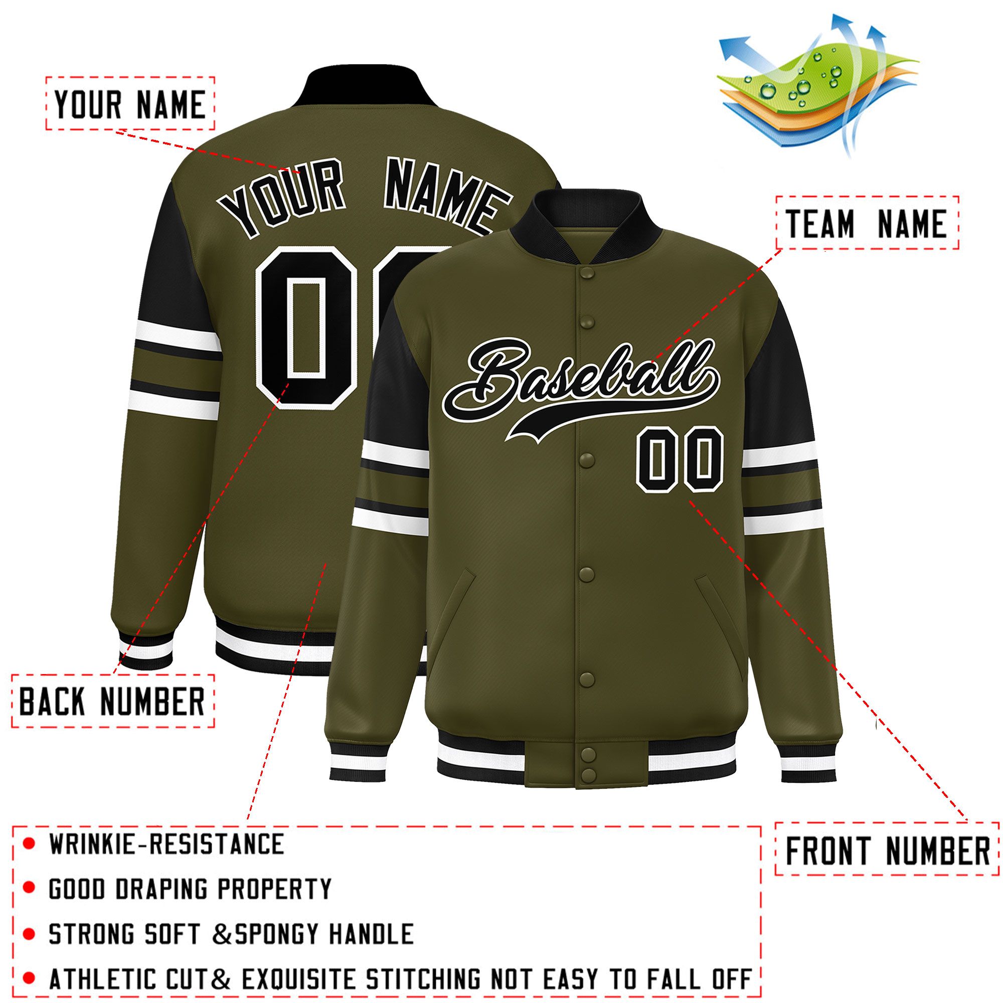 Custom Olive Varsity Full-Snap Color Block Letterman Jacket