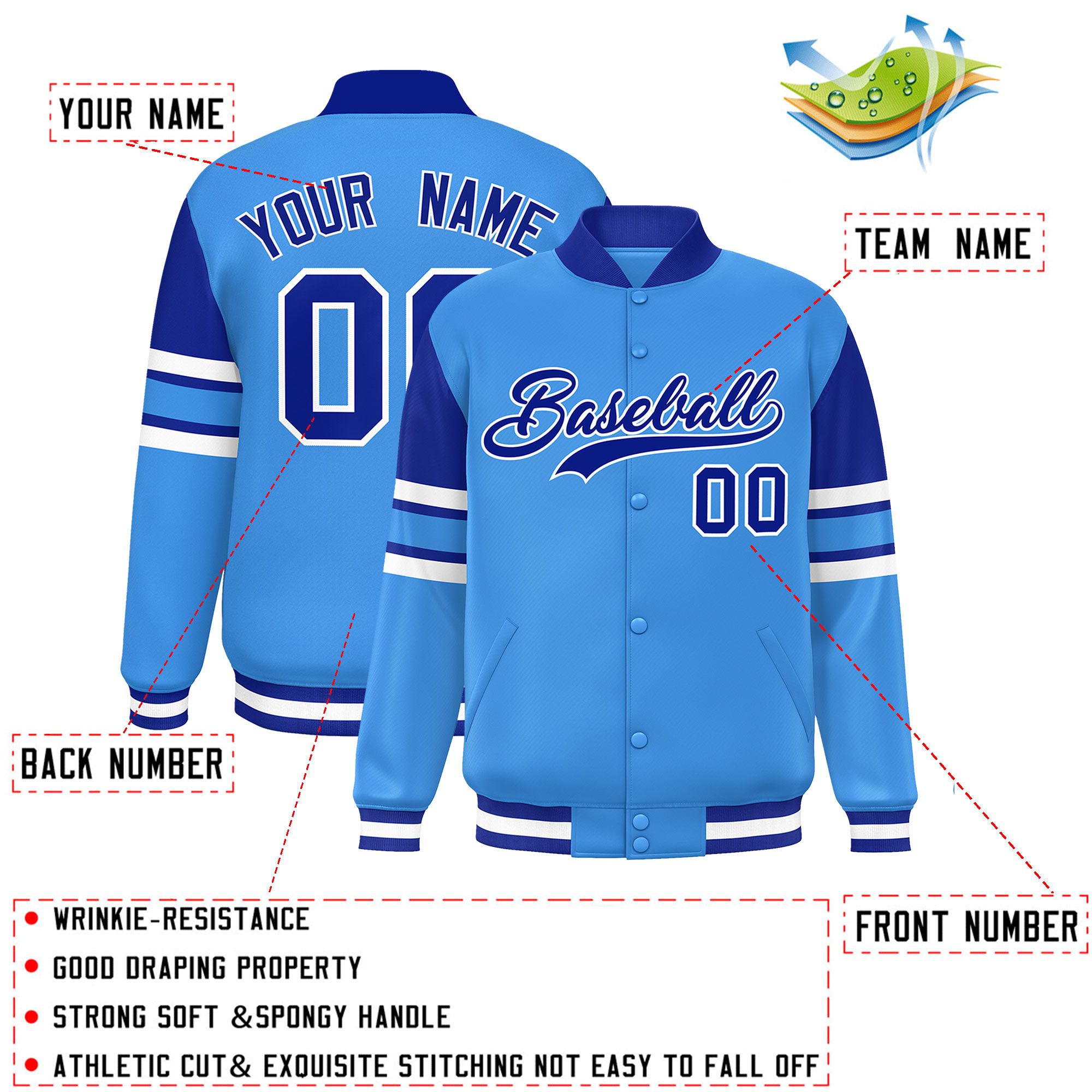 Custom Powder Blue Varsity Full-Snap Color Block Letterman Jacket