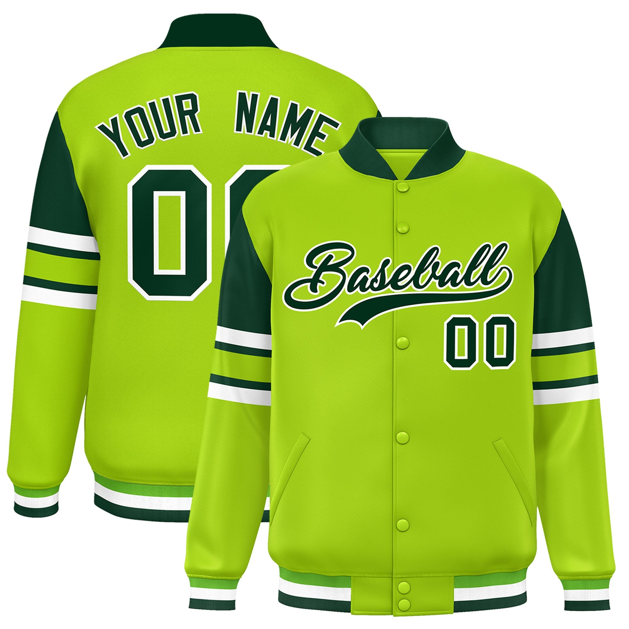 Custom Neon Green Varsity Full-Snap Color Block Letterman Jacket