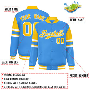 Custom Powder Blue Varsity Full-Snap Color Block Letterman Jacket