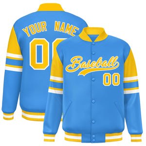 Custom Powder Blue Varsity Full-Snap Color Block Letterman Jacket