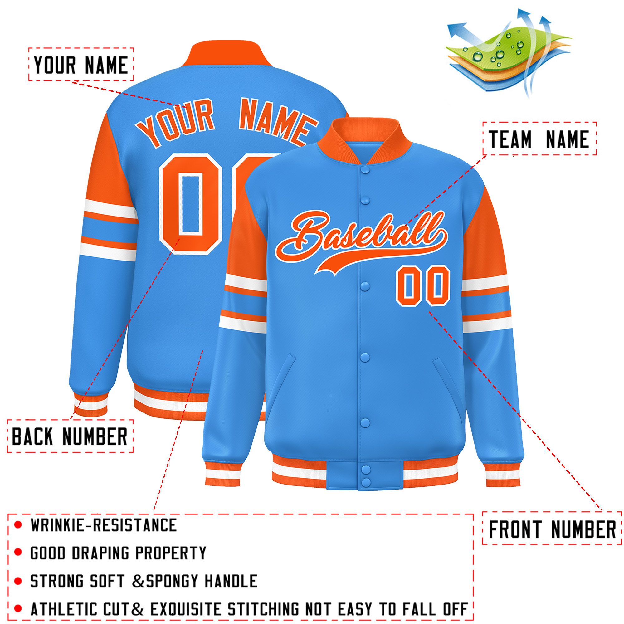 Custom Powder Blue Varsity Full-Snap Color Block Letterman Jacket