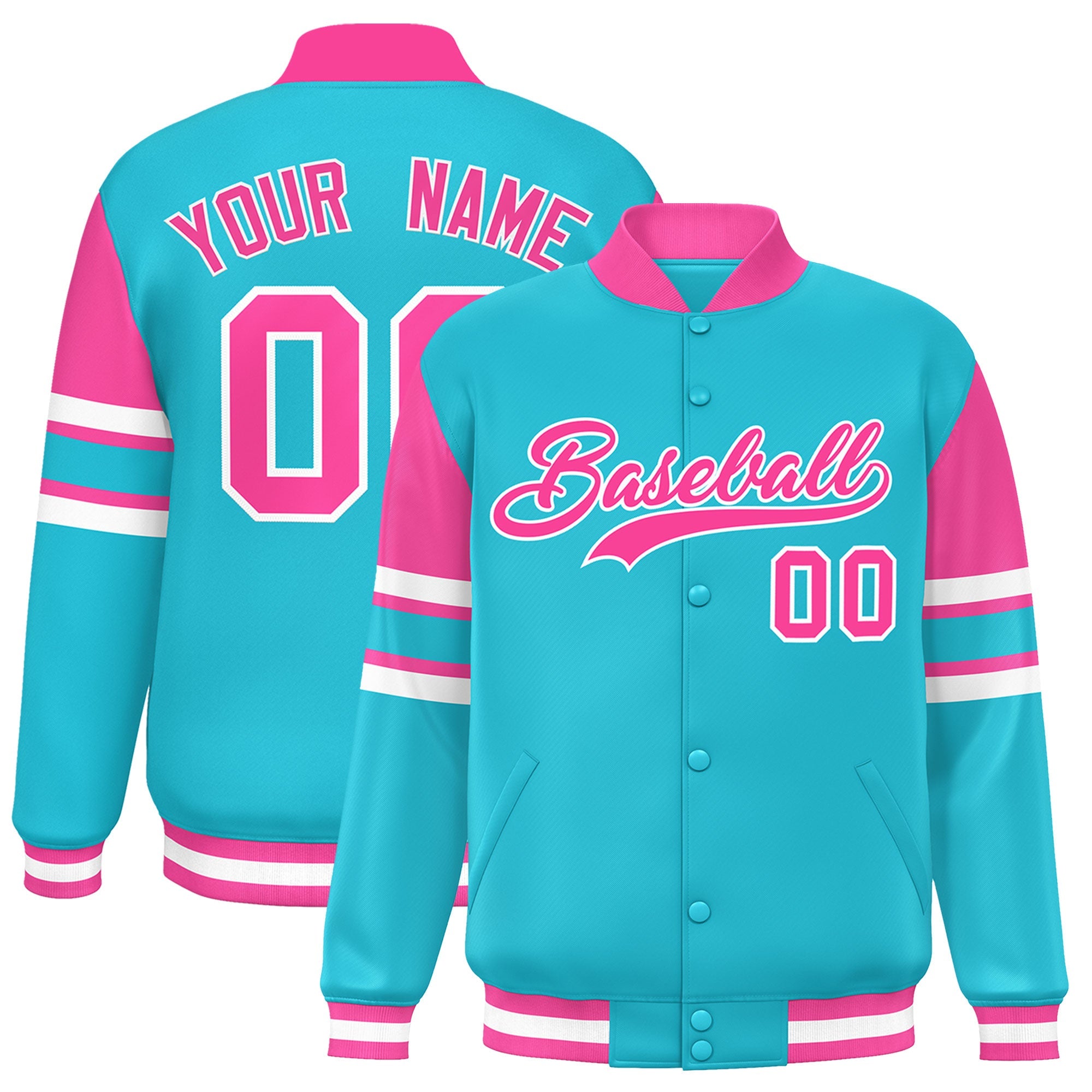 Custom Sky Blue Varsity Full-Snap Color Block Letterman Jacket