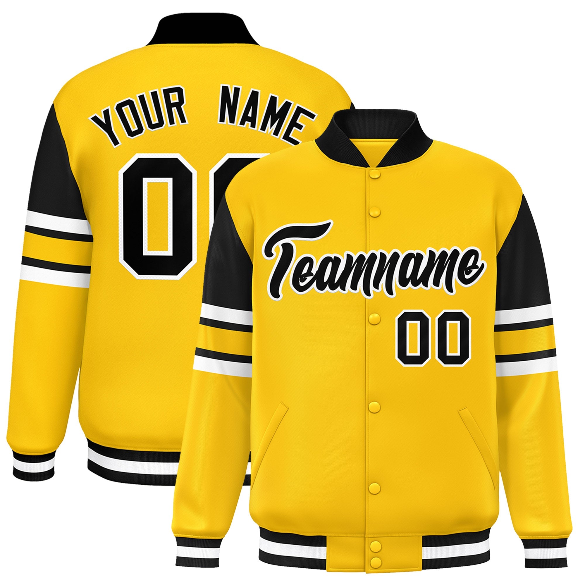 Custom Yellow Varsity Full-Snap Color Block Letterman Jacket