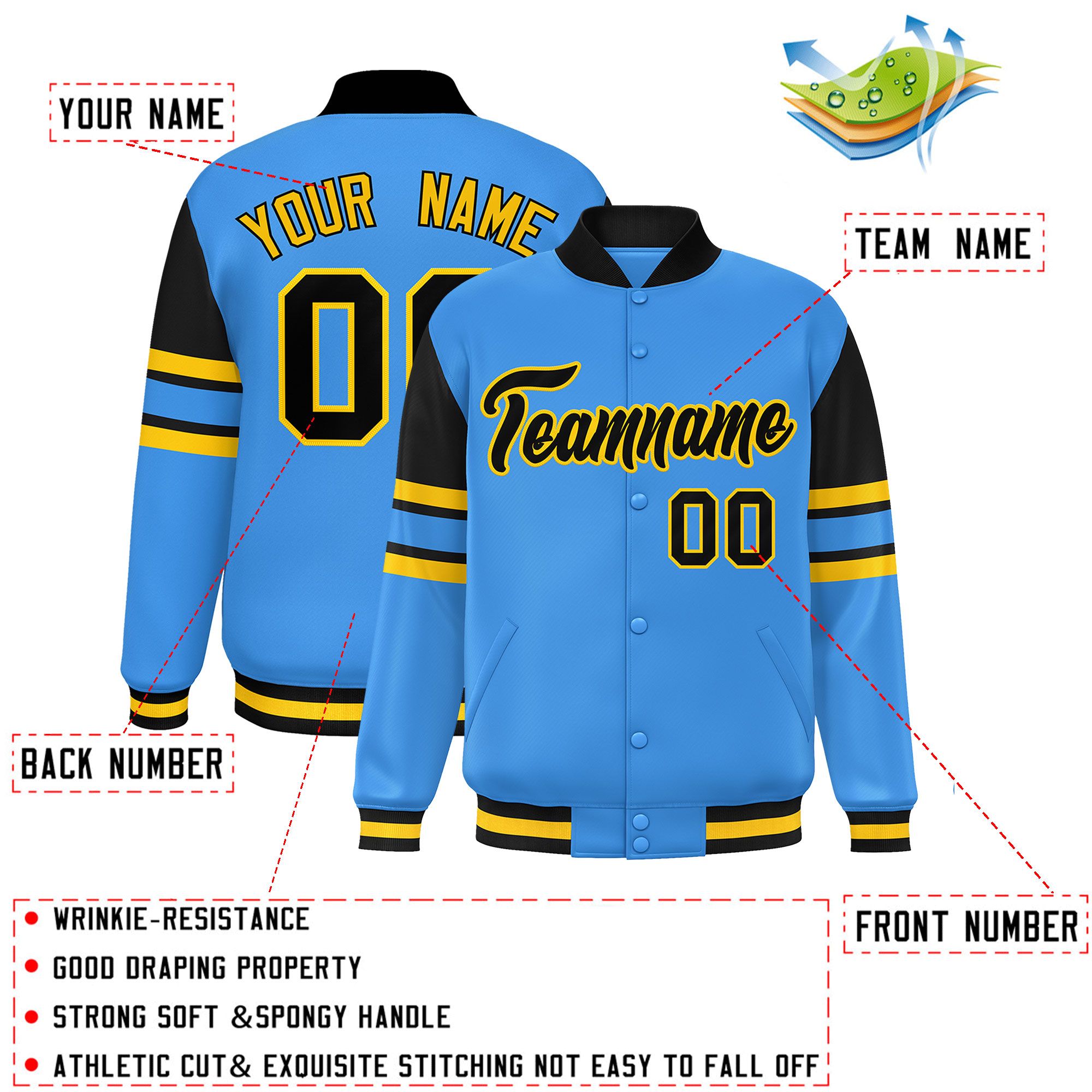 Custom Powder Blue Varsity Full-Snap Color Block Letterman Jacket