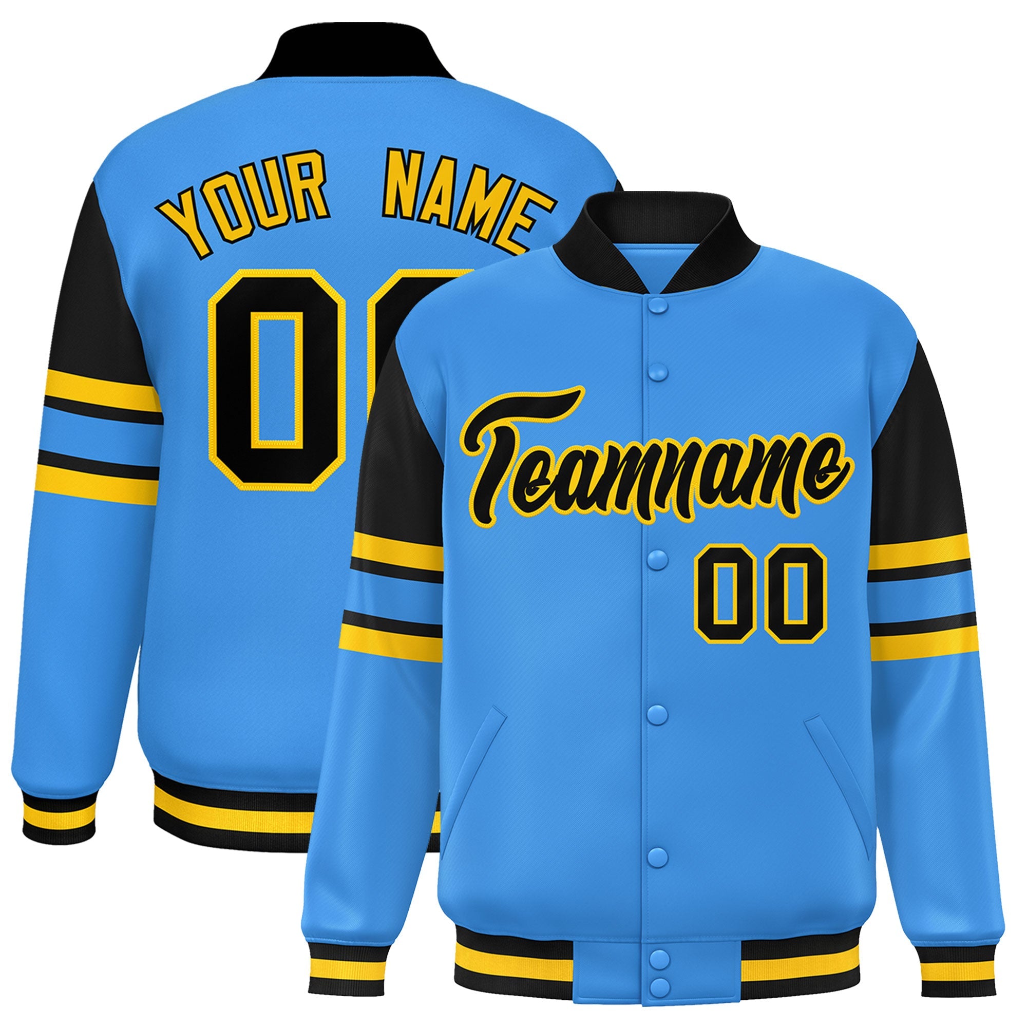 Custom Powder Blue Varsity Full-Snap Color Block Letterman Jacket