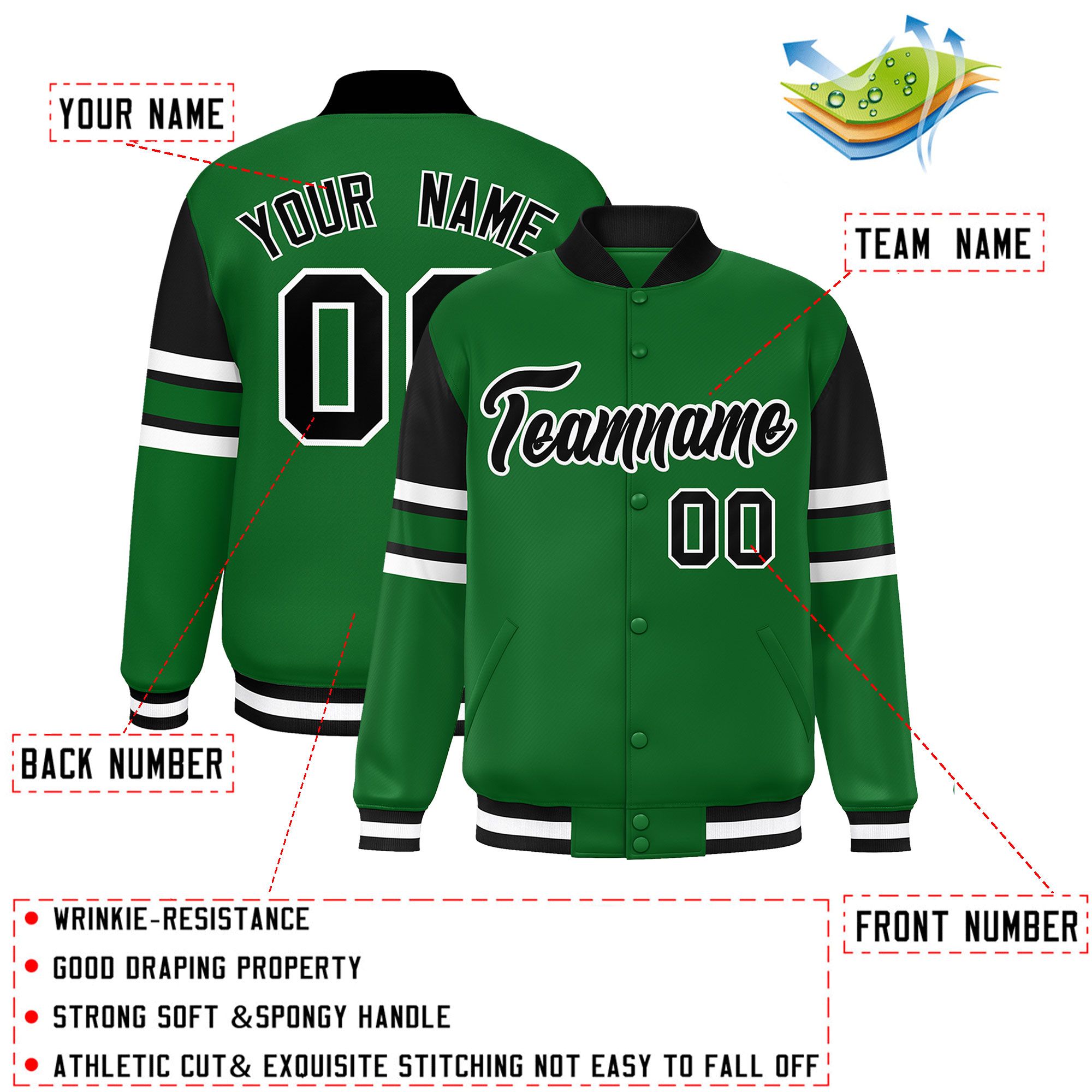 Custom Green Varsity Full-Snap Color Block Letterman Jacket