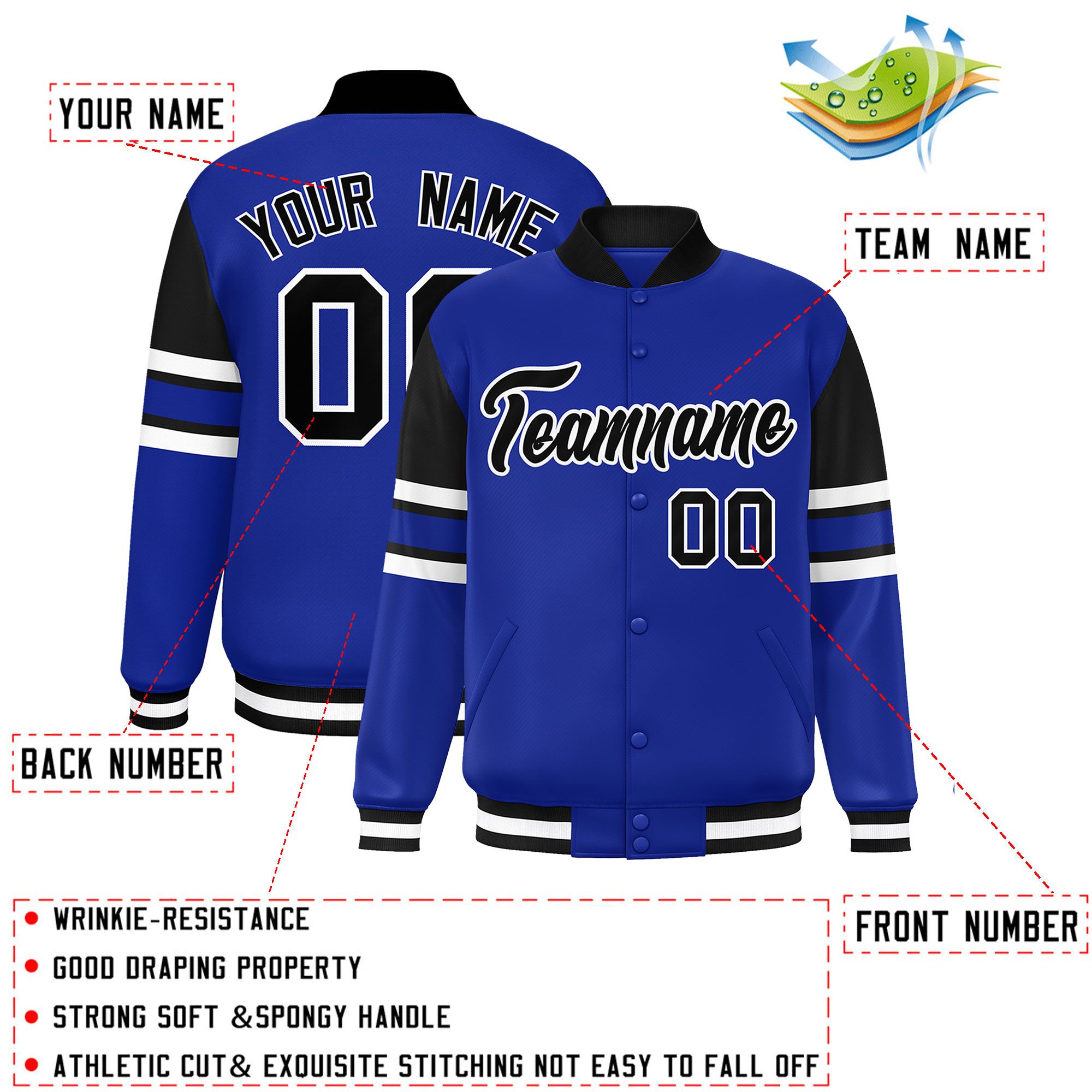 Custom Royal Varsity Full-Snap Color Block Letterman Jacket