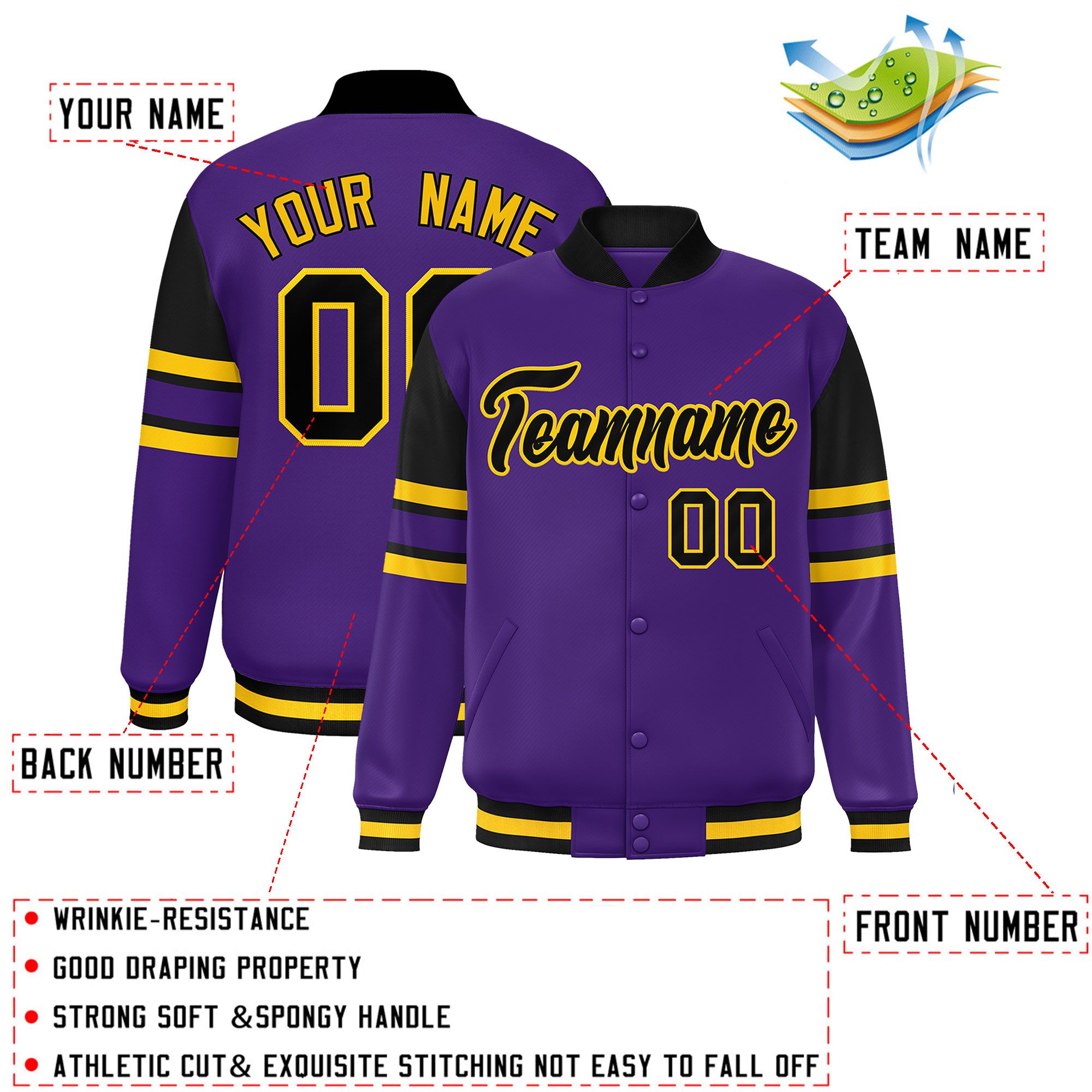 Custom Purple Varsity Full-Snap Color Block Letterman Jacket