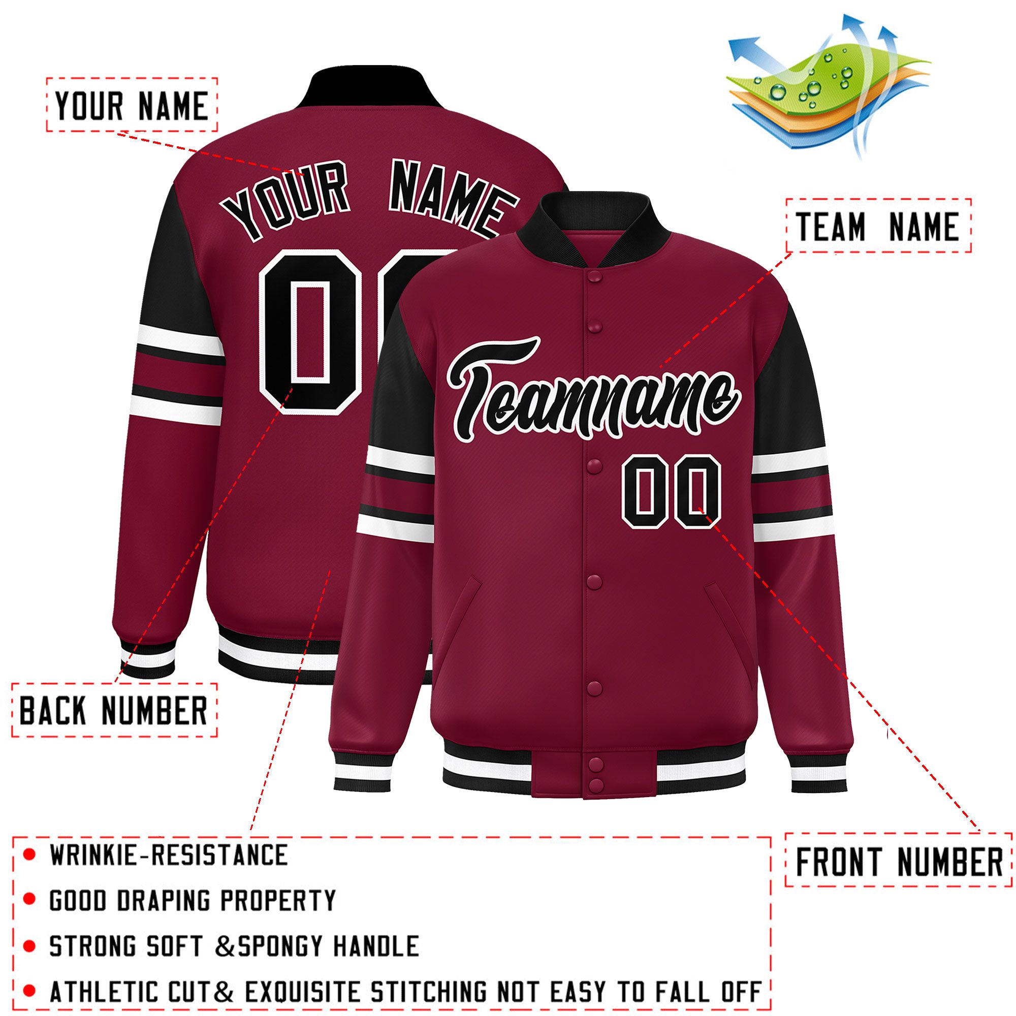 Custom Crimson Varsity Full-Snap Color Block Letterman Jacket