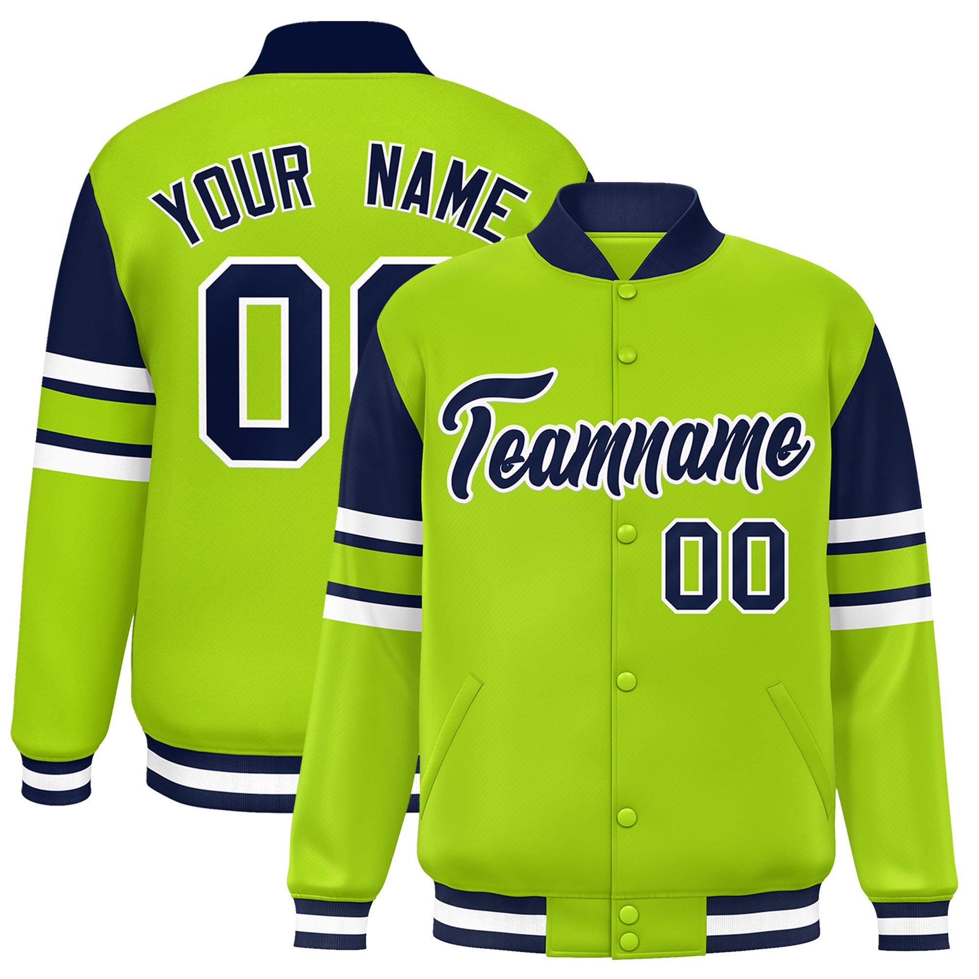 Custom Neon Green Varsity Full-Snap Color Block Letterman Jacket