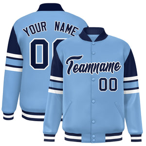 Custom Powder Blue Varsity Full-Snap Color Block Letterman Jacket