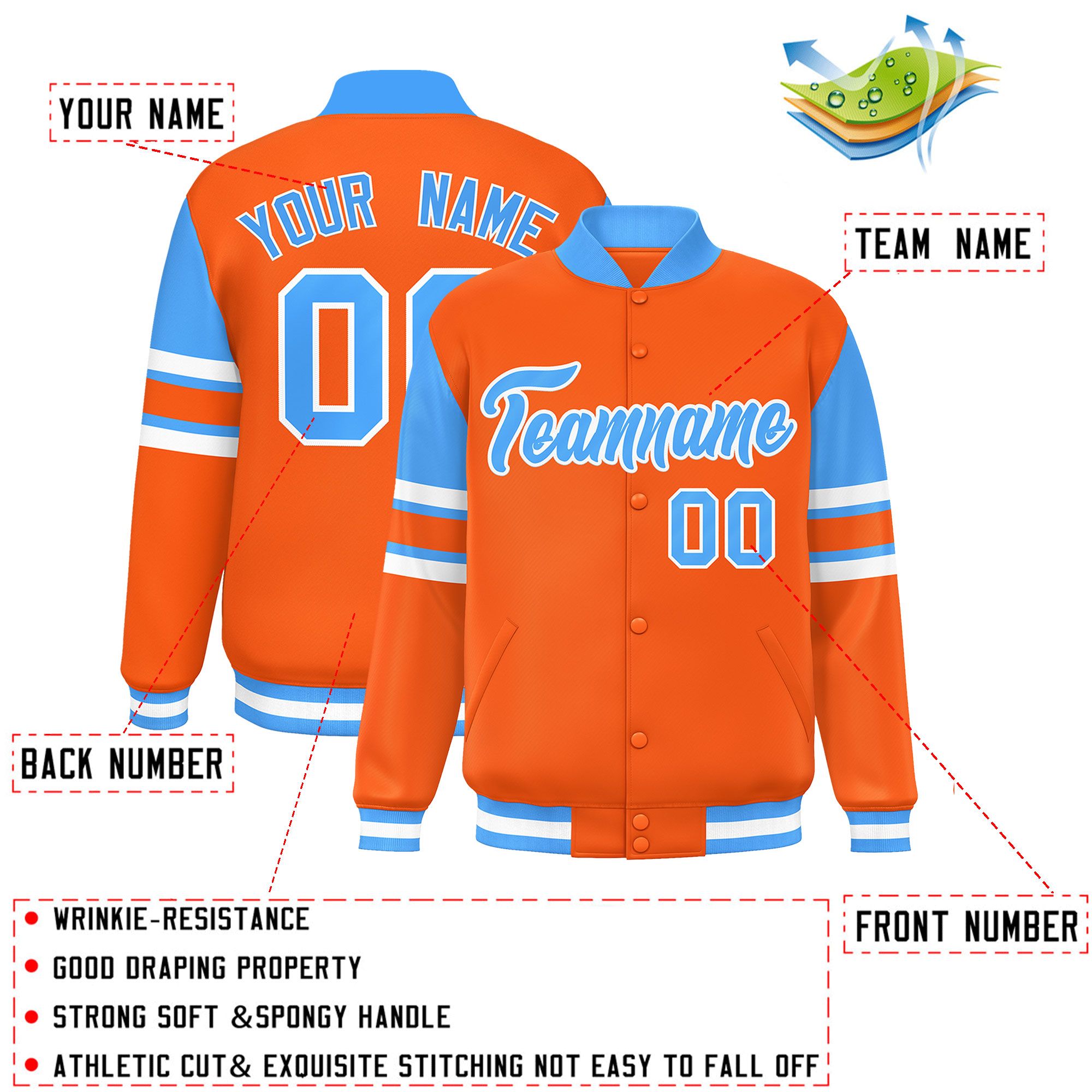 Custom Orange Varsity Full-Snap Color Block Letterman Jacket