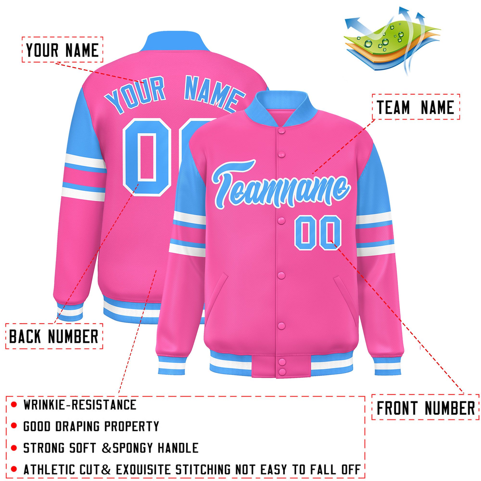 Custom Pink Varsity Full-Snap Color Block Letterman Jacket