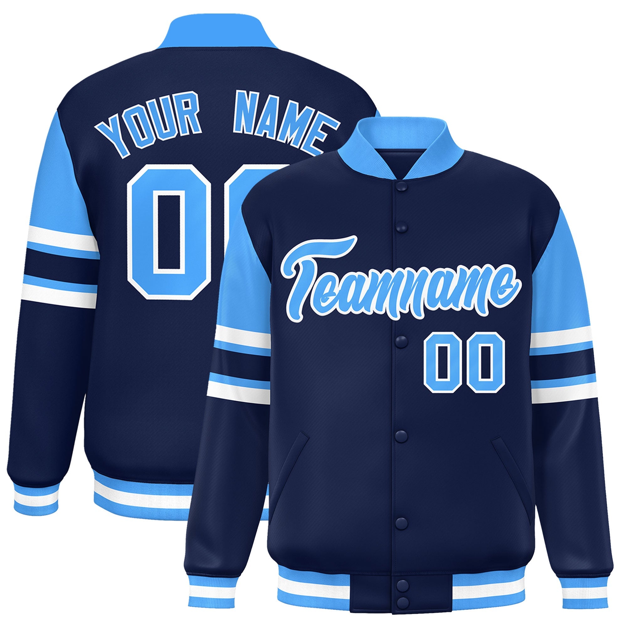 Custom Navy Varsity Full-Snap Color Block Letterman Jacket