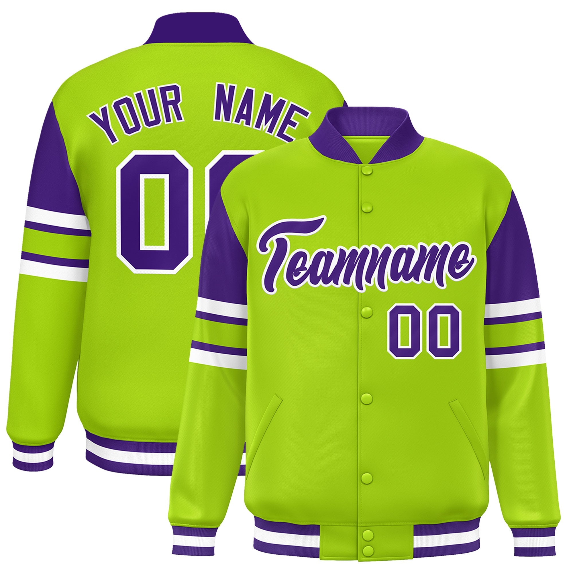 Custom Neon Green Varsity Full-Snap Color Block Letterman Jacket