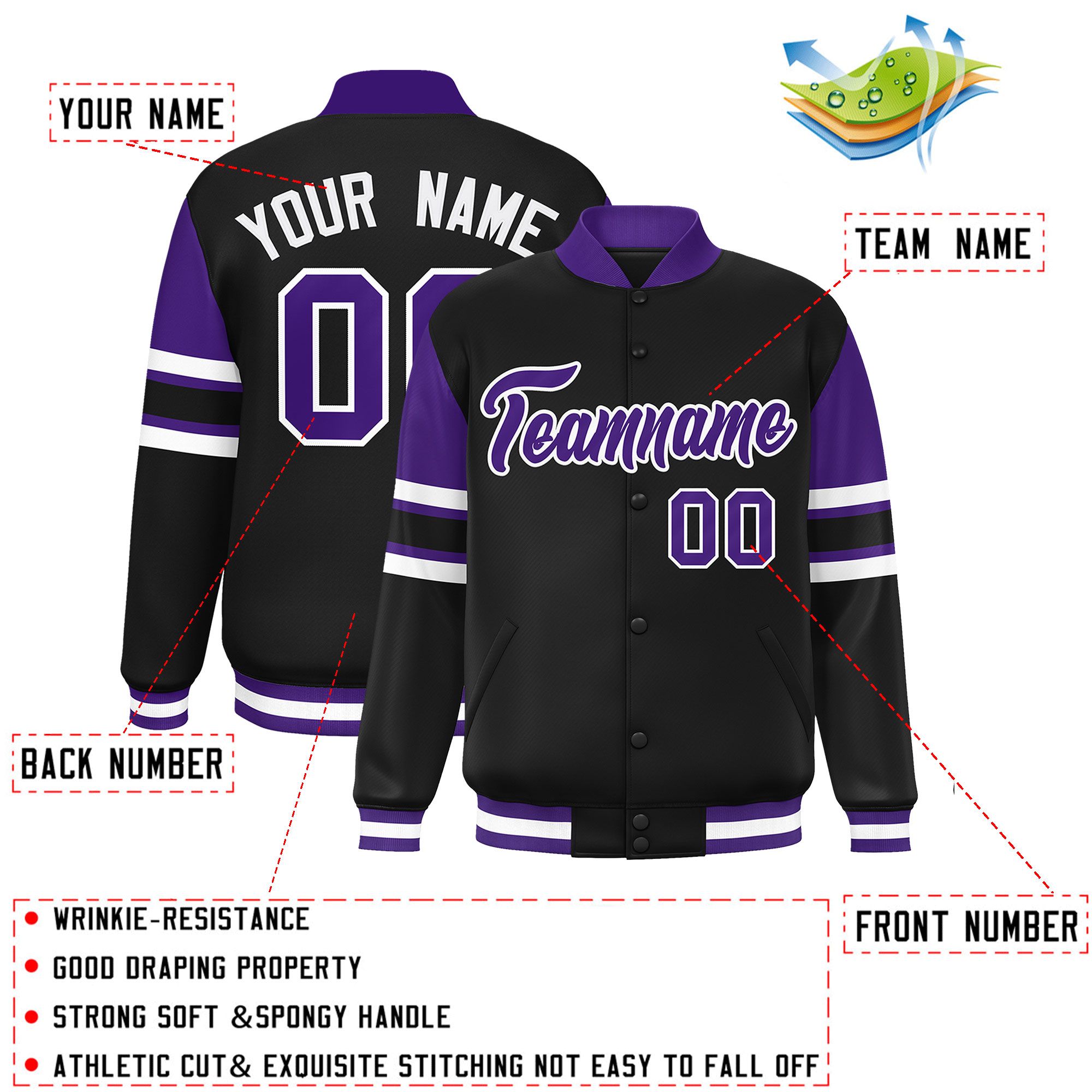 Custom Black Varsity Full-Snap Color Block Letterman Jacket