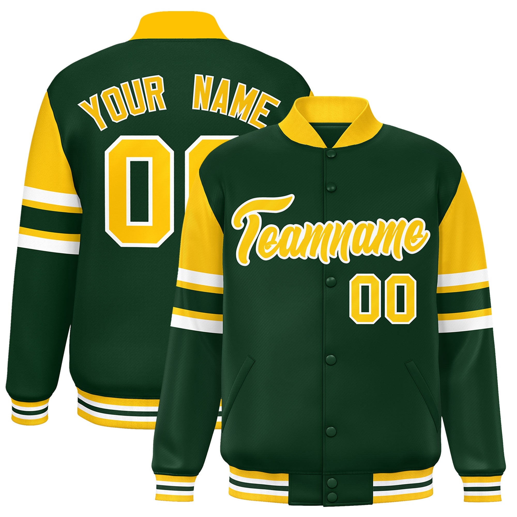 Custom Green Varsity Full-Snap Color Block Letterman Jacket