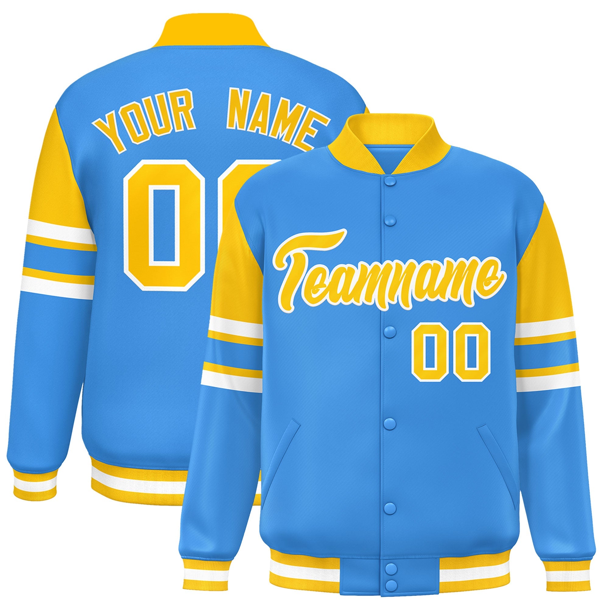 Custom Powder Blue Varsity Full-Snap Color Block Letterman Jacket