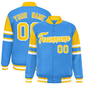 Custom Powder Blue Varsity Full-Snap Color Block Letterman Jacket