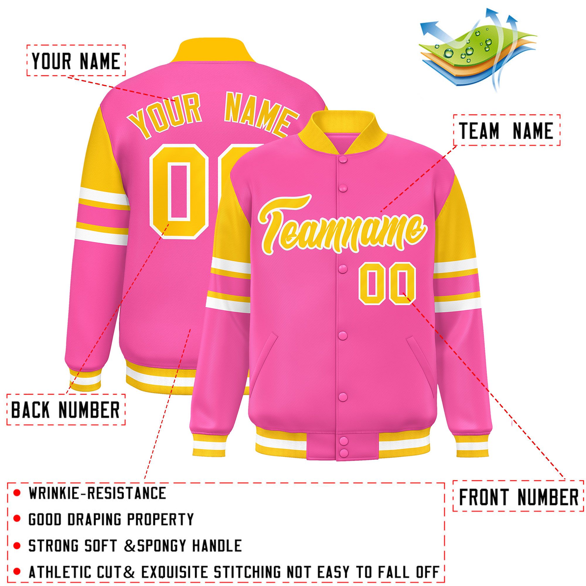 Custom Pink Varsity Full-Snap Color Block Letterman Jacket