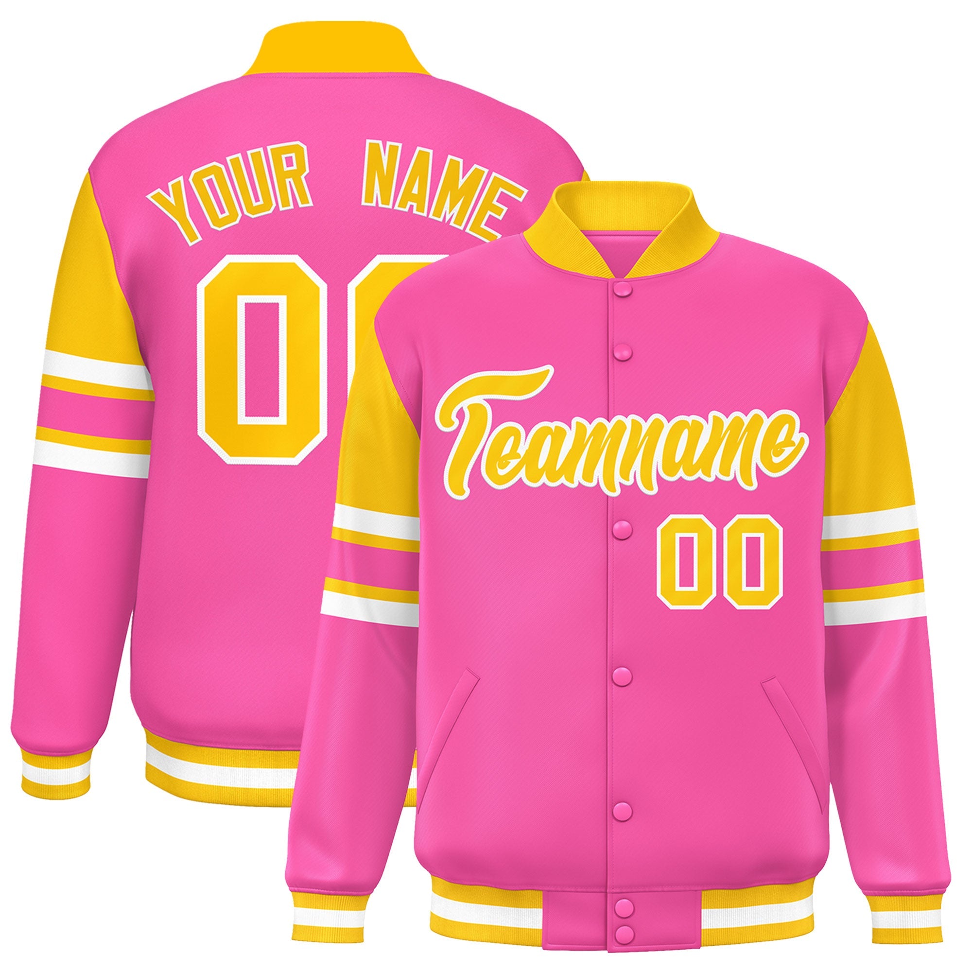 Custom Pink Varsity Full-Snap Color Block Letterman Jacket