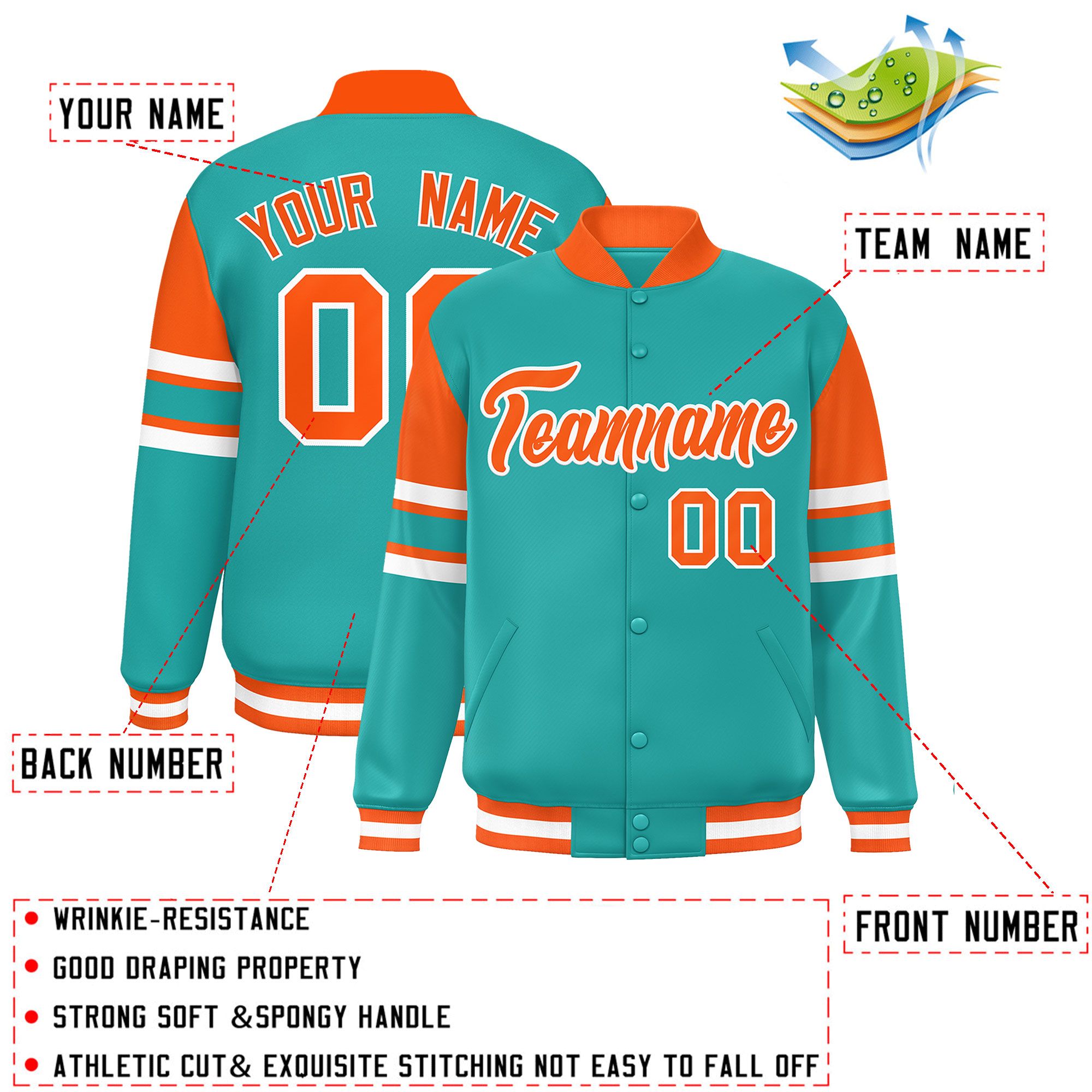 Custom Aqua Varsity Full-Snap Color Block Letterman Jacket