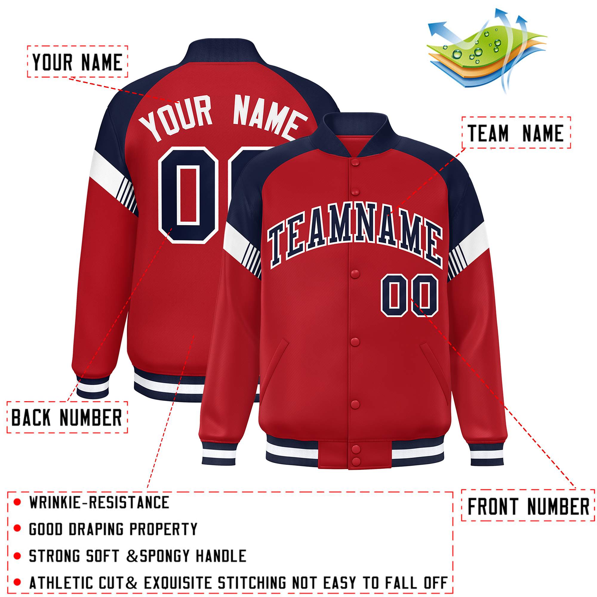 Custom Red Navy-White Varsity Full-Snap Color Block Letterman Jacket