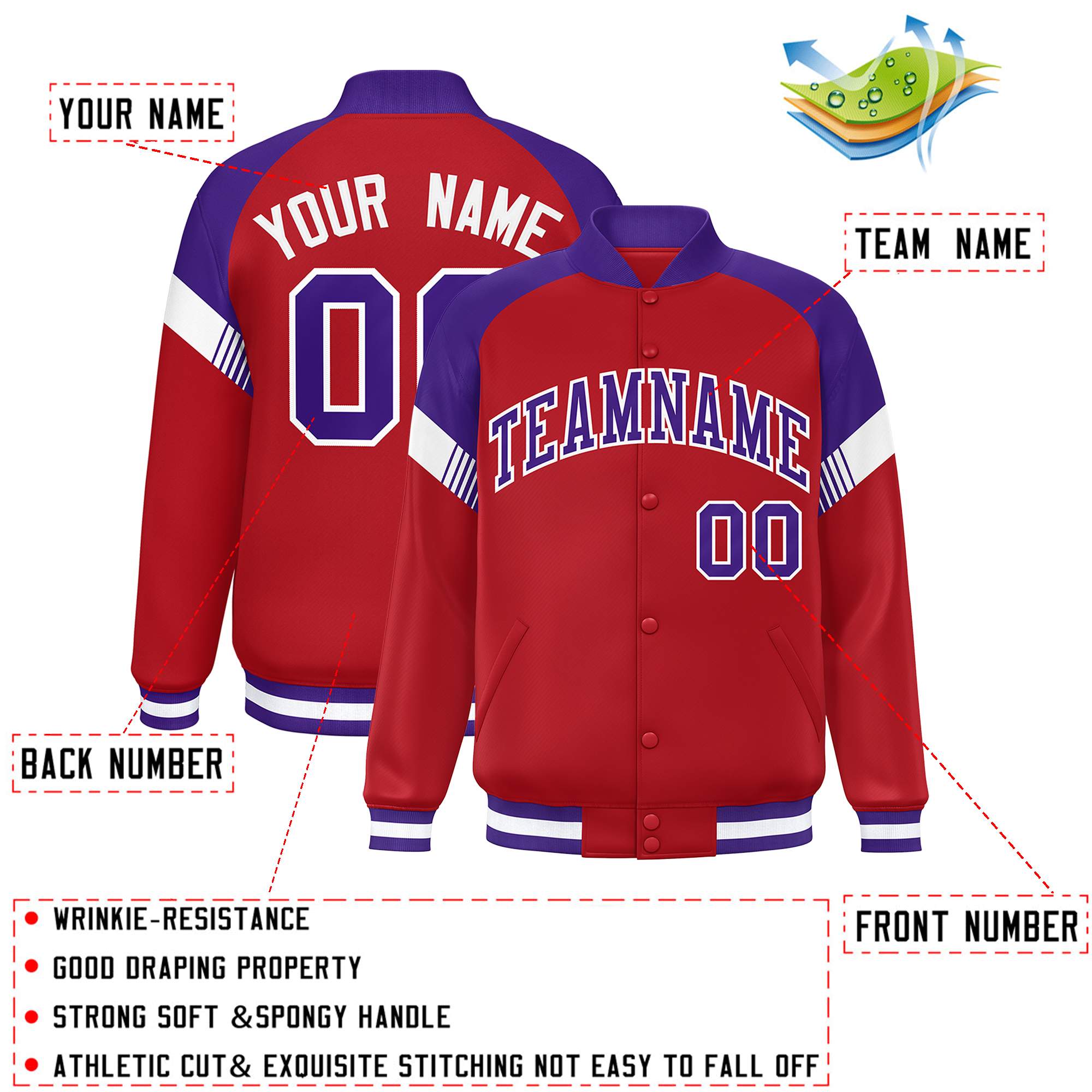 Custom Red Purple-White Varsity Full-Snap Color Block Letterman Jacket