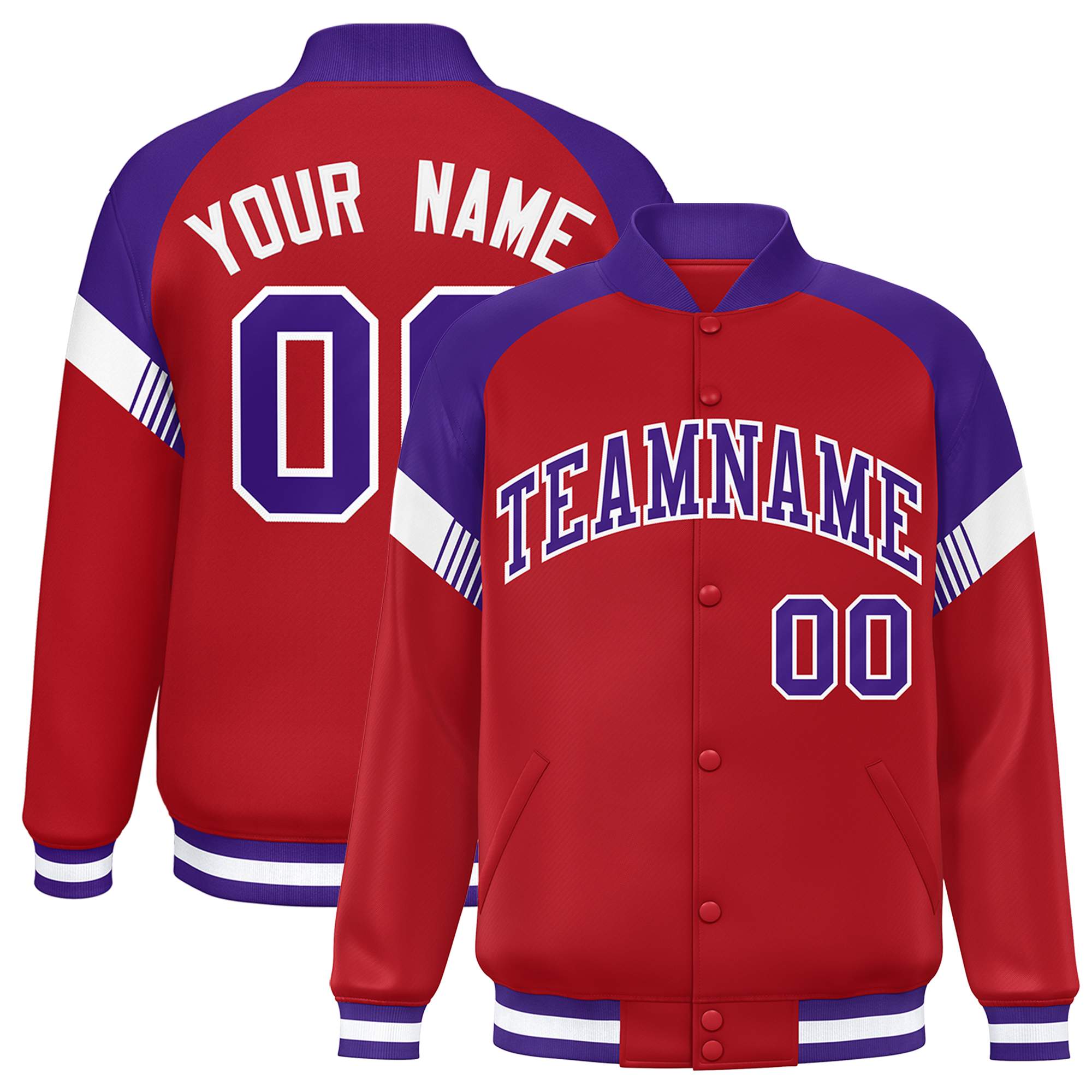 Custom Red Purple-White Varsity Full-Snap Color Block Letterman Jacket