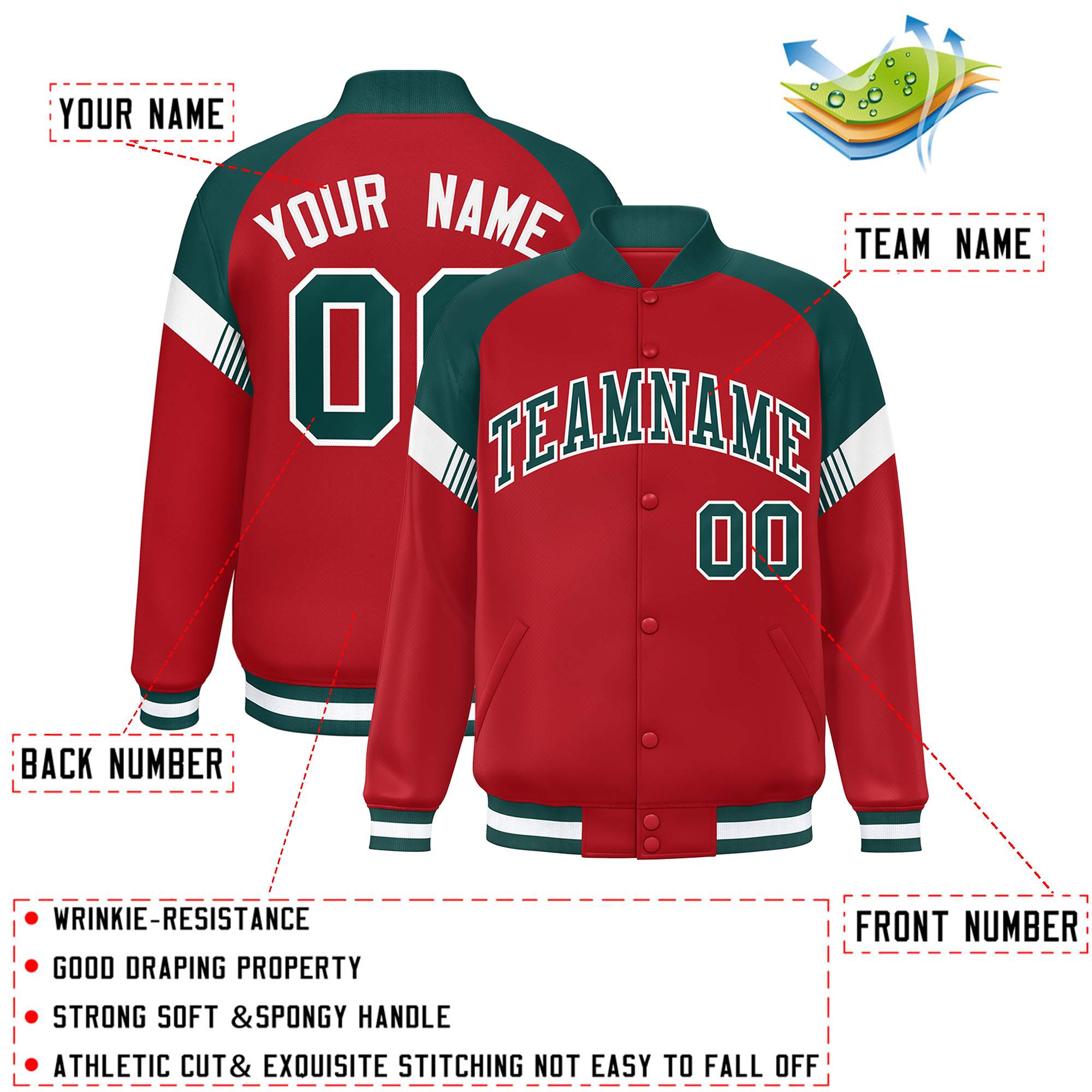 Custom Red Midnight Green-White Varsity Full-Snap Color Block Letterman Jacket