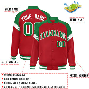 Custom Red Kelly Green-White Varsity Full-Snap Color Block Letterman Jacket