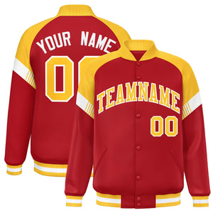 Custom Red Gold-White Varsity Full-Snap Color Block Letterman Jacket