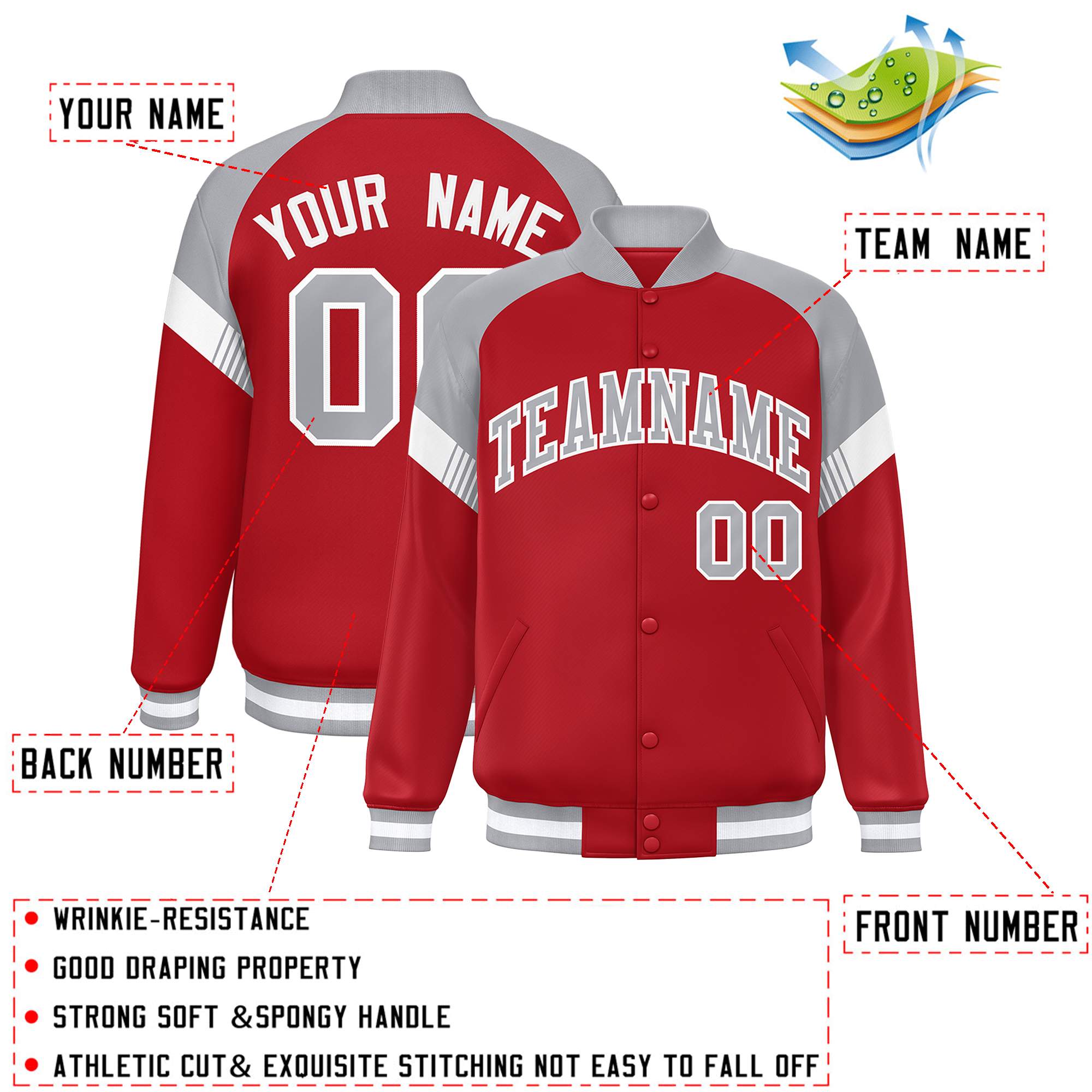 Custom Red Gray-White Varsity Full-Snap Color Block Letterman Jacket