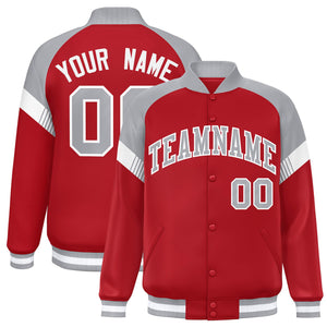 Custom Red Gray-White Varsity Full-Snap Color Block Letterman Jacket