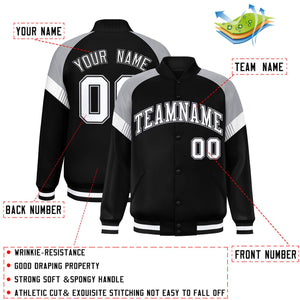 Custom Black Gray-White Varsity Full-Snap Color Block Letterman Jacket