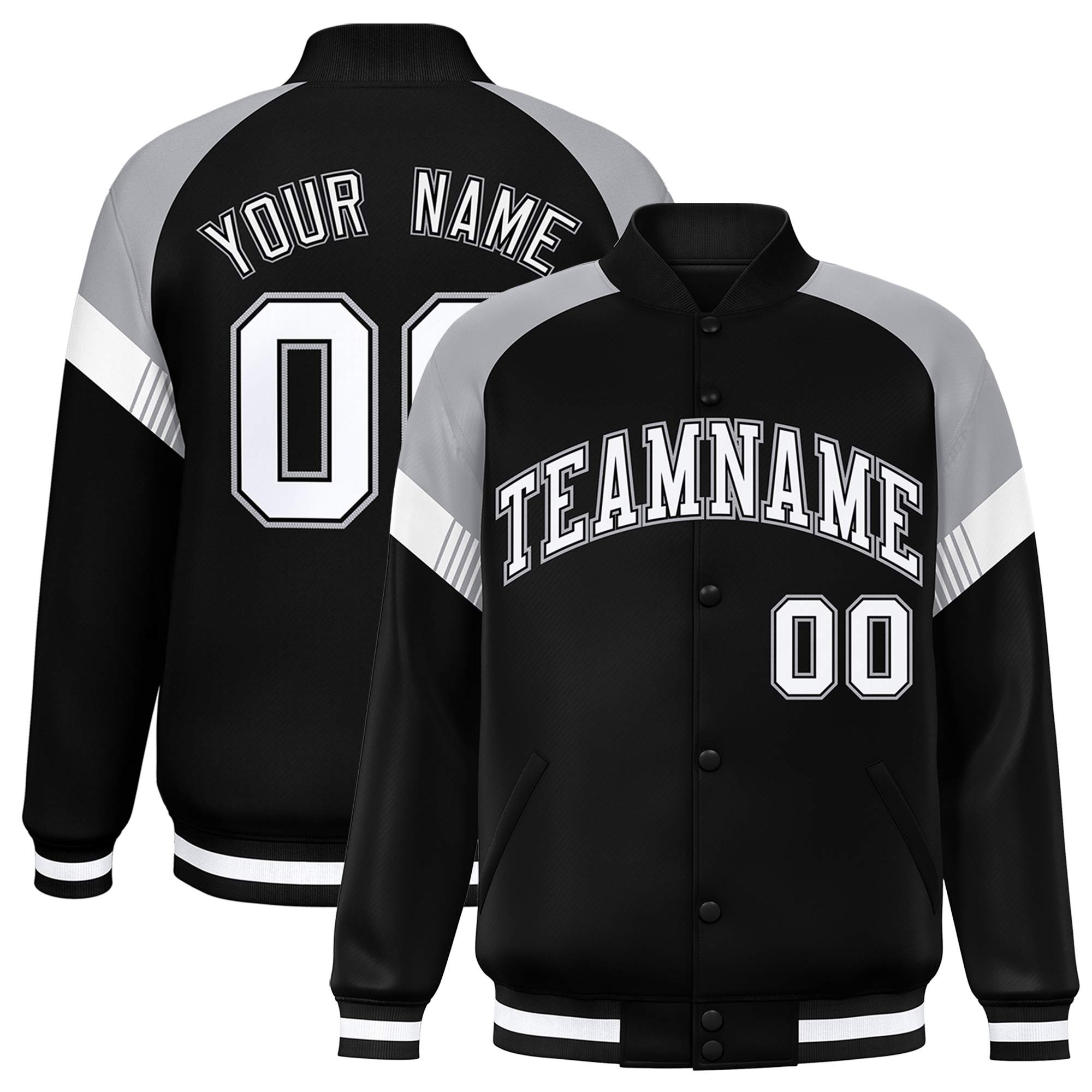 Custom Black Gray-White Varsity Full-Snap Color Block Letterman Jacket