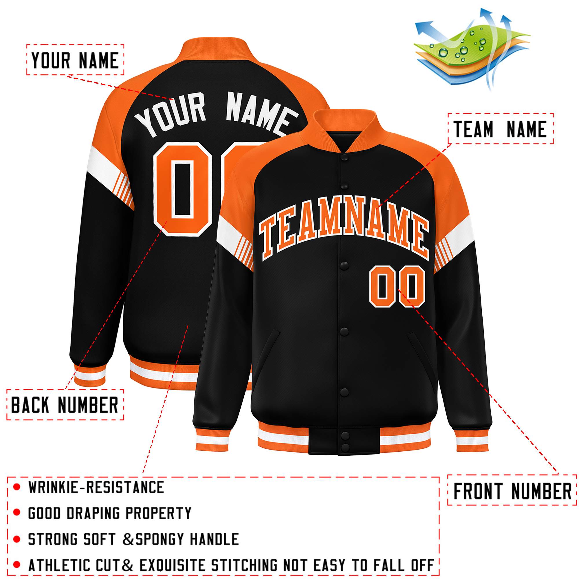 Custom Black Orange-White Varsity Full-Snap Color Block Letterman Jacket