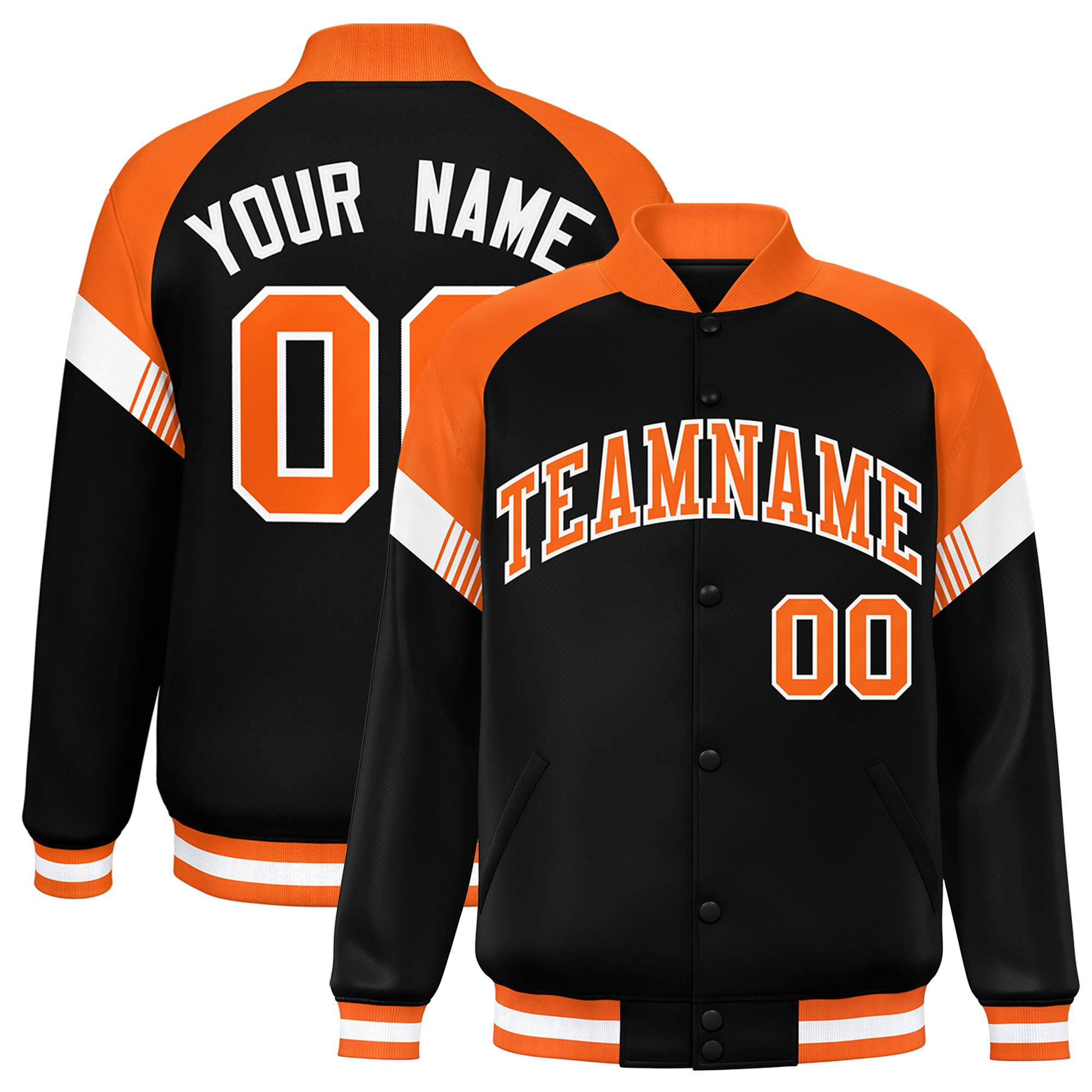 Custom Black Orange-White Varsity Full-Snap Color Block Letterman Jacket