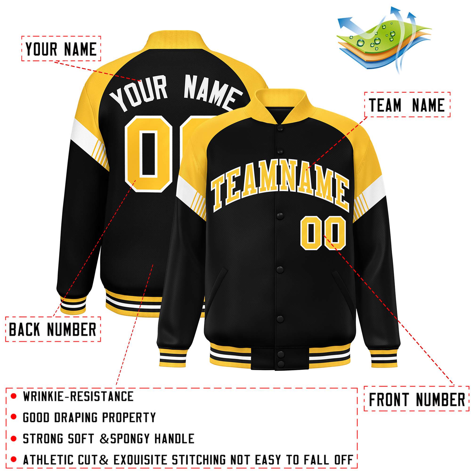 Custom Black Gold-White Varsity Full-Snap Color Block Letterman Jacket